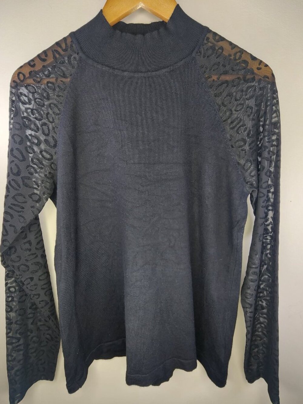 Andrea Jovine Mock Turtleneck Top — Navy, Size L | Sheer Lace Leopard Sleeve